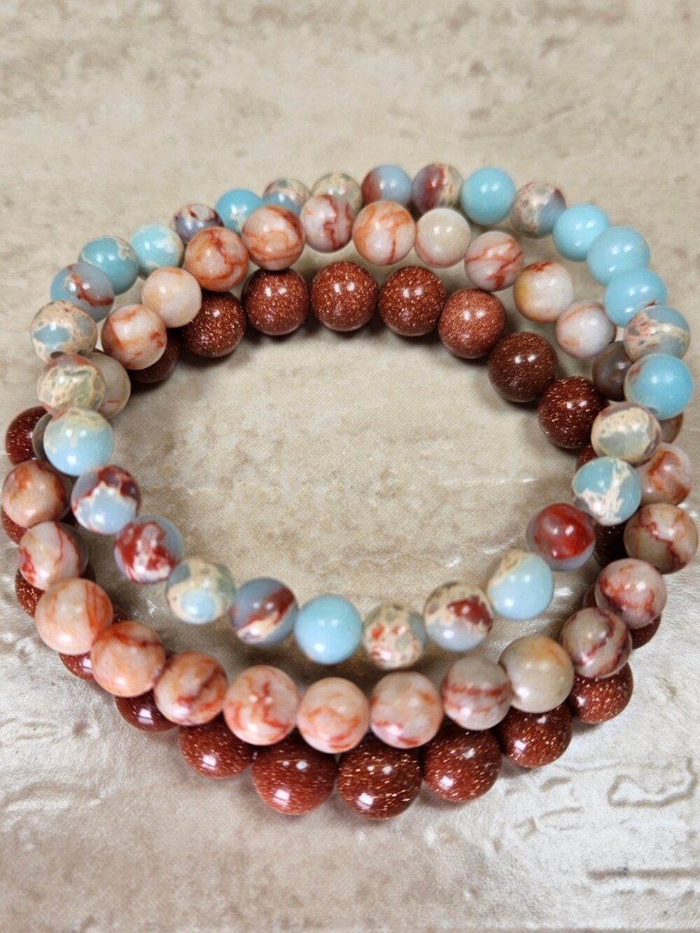 Gold Sandstone Caribbean Calcite Red Spider Jasper Bracelet Set 3pc Boho